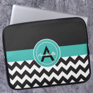 Zwarte Teal Chevron Laptop Sleeve