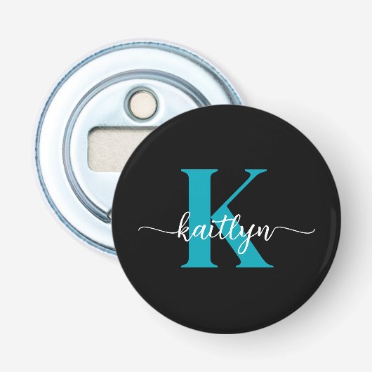 Zwarte Teal Monogram Button Flesopener (Voorkant)