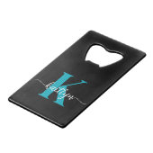 Zwarte Teal Monogram Kredietkaart Flessenopener (Achterkant Gekanteld)