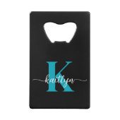 Zwarte Teal Monogram Kredietkaart Flessenopener (Achterkant)