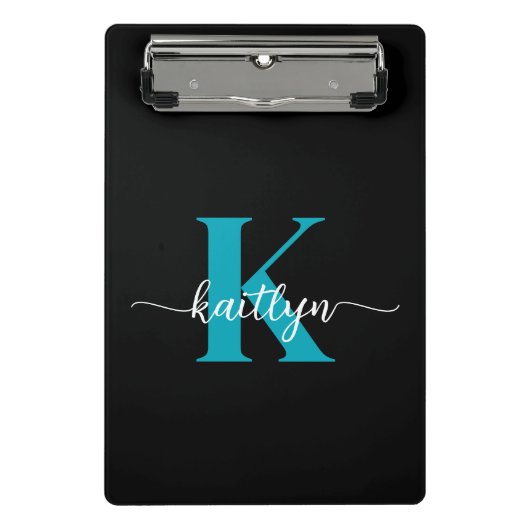 Zwarte Teal Monogram Mini Klembord (Voorkant)