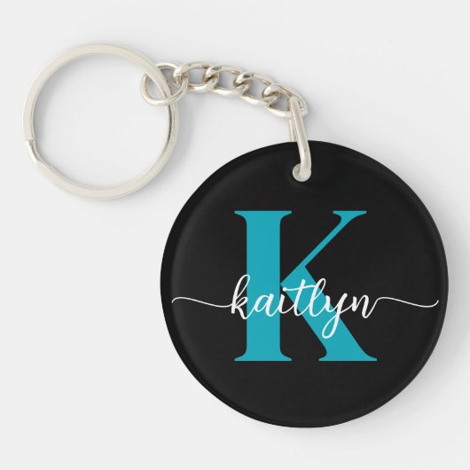 Zwarte Teal Monogram Sleutelhanger (Voorkant)