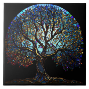 Zwarte tegel met meerkleurige mozaïekboom van het tegeltje