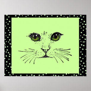 Zwarte Tekening Kat Kop Intensieve Ogen Stippen Poster