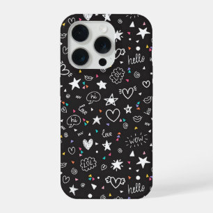 Zwarte telefoonhoes met cute Doodle-patroon en har iPhone 15 Pro Hoesje
