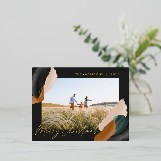 Zwarte terracotta moderne, minimale waterverf foto folie feestdagen briefkaart (Staand Voorkant)