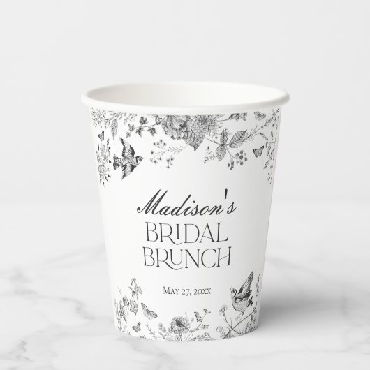 Zwarte Toile De Jouy  Bloemen Bruids Brunch Papieren Bekers (Achterkant)