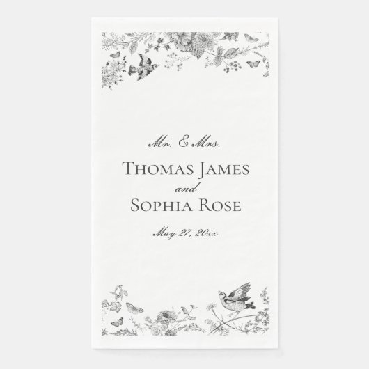 Zwarte Toile De Jouy  Bloemen Huwelijk Servet (Voorkant)