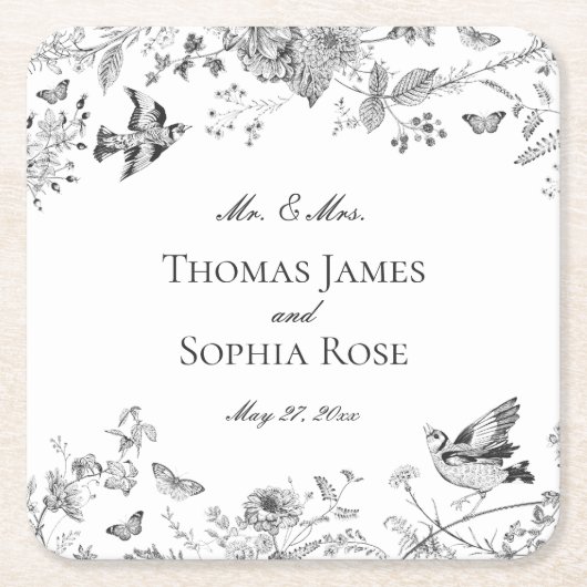 Zwarte Toile De Jouy  Bloemen Huwelijk Vierkante Kartonnen Onderzetter (Voorkant)