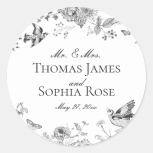 Zwarte Toile De Jouy  Bloemen Huwelijksgunst Ronde Sticker