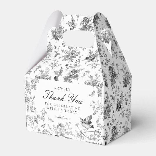 Zwarte Toile De Jouy bloemrijke dessert favorieten Bedankdoosjes (Achterkant)