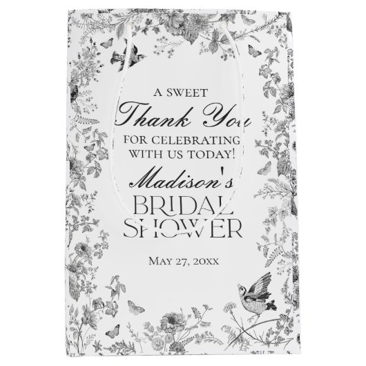 Zwarte Toile De Jouy Bruiloft Favorieten Medium Cadeauzakje (Voorkant)