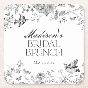 Zwarte Toile De Jouy Vintage Bloem Bruids Brunch Vierkante Kartonnen Onderzetter