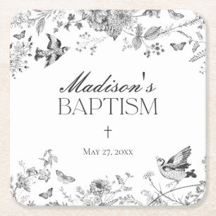 Zwarte Toile De Jouy Vintage Bloemige Doop Vierkante Kartonnen Onderzetter