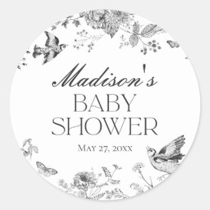 Zwarte Toile Jouy Vintage Bloemige Baby Shower Fav Ronde Sticker