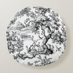 Zwarte Toile Print Rond Kussen