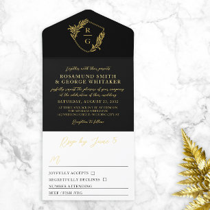 Zwarte trouwdag met gouden blad versierd schild mo all in one uitnodiging