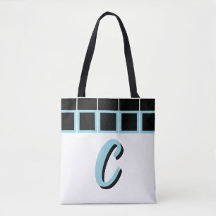 Zwarte & Turquoise Geometrische Monogram Schoudert Draagtas
