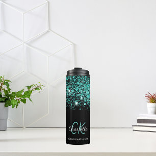 Zwarte turquoise groene glitters monogram naam thermosbeker