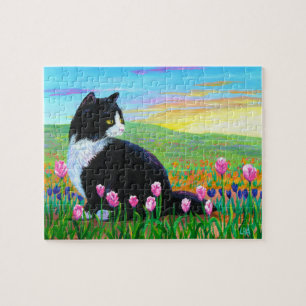 Zwarte Tuxedo Cat Tulips Art Creationarts Legpuzzel
