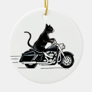 Zwarte tuxedo-kat op een motorfiets keramisch ornament