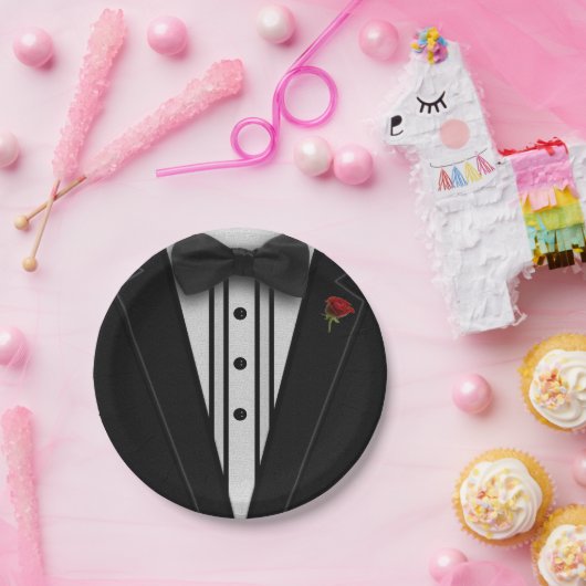 Zwarte Tuxedo met Bow-Stropdas Papieren Bordje (Feest)