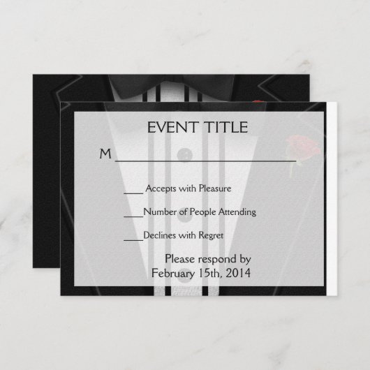 Zwarte Tuxedo met Bow-Stropdas RSVP Kaartje (Voorkant / Achterkant)