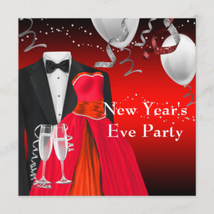 Zwarte Tuxedo Red Dress New Years Eve Party Kaart