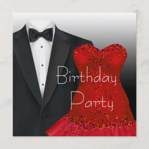 Zwarte Tuxedo rode jurk verjaardagsfeestje Kaart