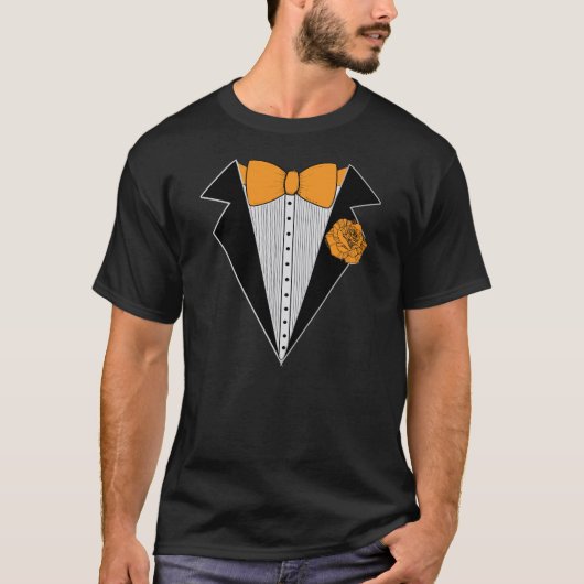 Zwarte Tuxedo stijl met Oranje Bowtie & Roos T-shirt (Voorkant)
