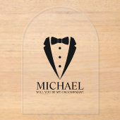 Zwarte Tuxedo Suit Gepersonaliseerde Groomsman Voo Acryl Uitnodigingen (Voorkant)