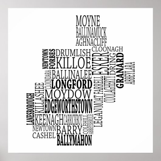 Zwarte Typografische Kaart van Co. Longford, Ierla Poster (Voorkant)