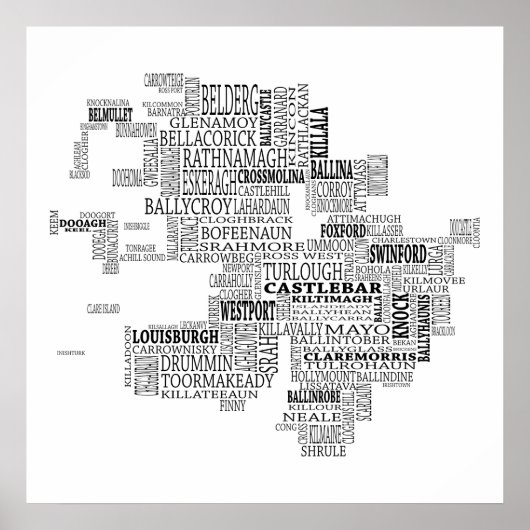 Zwarte Typografische Kaart van Co. Mayo, Ierland Poster (Voorkant)