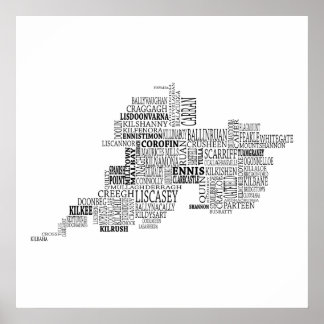 Zwarte Typografische Kaart van County Clare, Ierla Poster