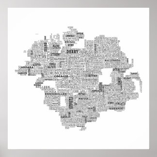 Zwarte Typografische Kaart van Ulster, Ierland Poster