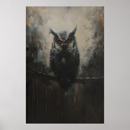 Zwarte Uil met Rode Ogen op Tak in Bosgrond Poster