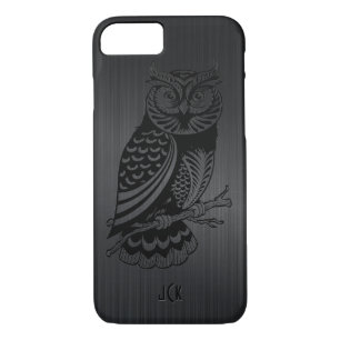 Zwarte Uil over Metallic geborsteld aluminium-mono iPhone 8/7 Hoesje