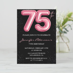 Zwarte uitnodigingen 75ste verjaardag Ballon Glam