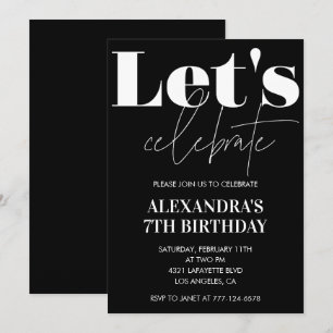 Zwarte uitnodigingen voor 7de verjaardag Vette typ