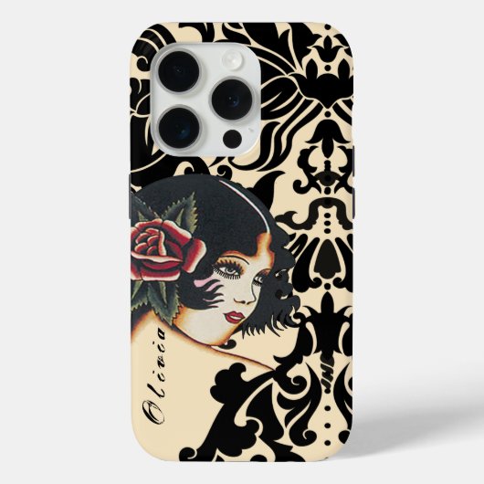 Zwarte Vector Damask Meisje Case-Mate iPhone Case (Achterkant)
