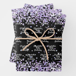 Zwarte verjaardag met paarse lavendel glitters naa inpakpapier vel