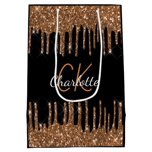 Zwarte verjaardags luxe monogram met gouden glitte medium cadeauzakje (Achterkant)