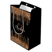Zwarte verjaardags luxe monogram met gouden glitte medium cadeauzakje (Achterkant Gekanteld)