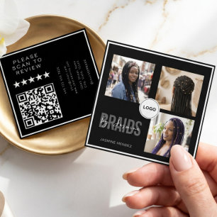 Zwarte Vierkante Vlecht Salon 3-Foto Collage QR  Visitekaartje