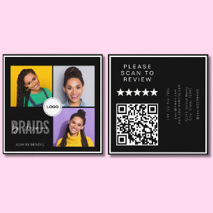 Zwarte Vierkante Vlecht Salon 3-Foto Collage QR Visitekaartje