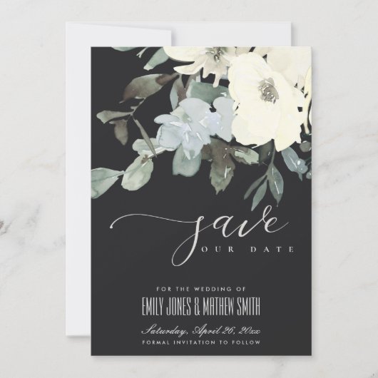 ZWARTE VIERWITTE AQUA FLORAL WATERVERF BUNCH SAVE THE DATE (Voorkant)