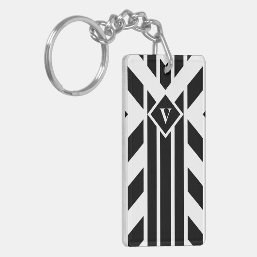 Zwarte vierzijdige strepen op wit met monogram sleutelhanger (Voorkant Links)