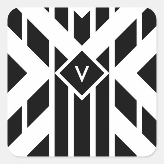 Zwarte vierzijdige strepen op wit met monogram vierkante sticker (Voorkant)