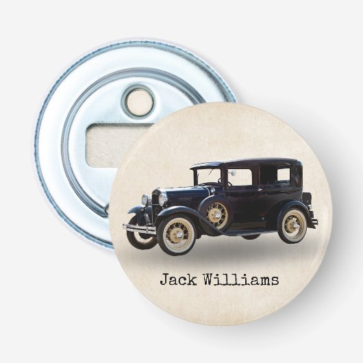 Zwarte Vintage-auto met naam Button Flesopener (Voorkant)