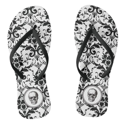 Zwarte Vintage Gotische Damast Patroon Schedel Teenslippers (Voetbed)